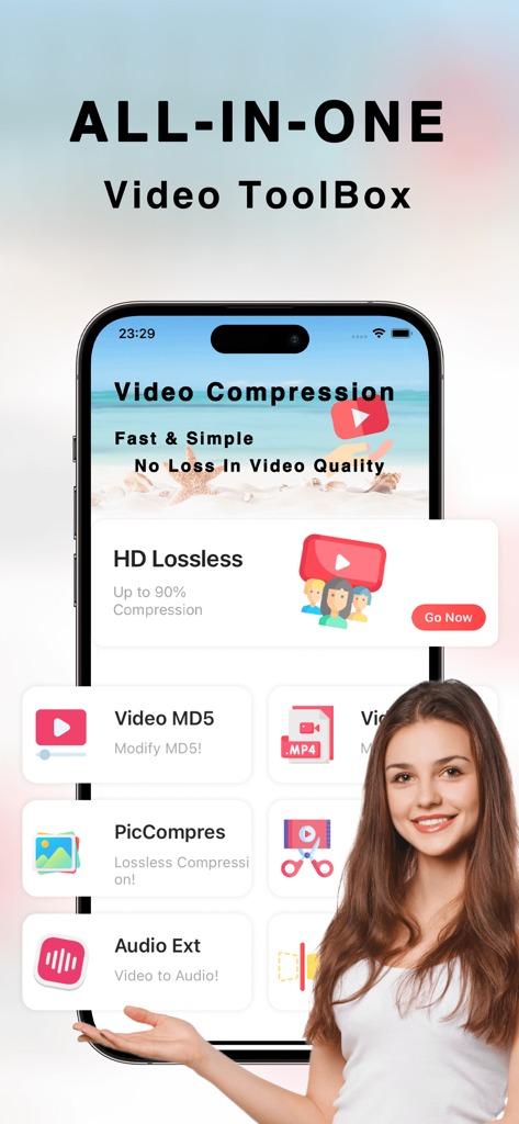 Video Compressor - Save Space+ - Interfaz de la aplicación Compresor de Video mostrando herramientas para compresión sin pérdidas y extracción de audio