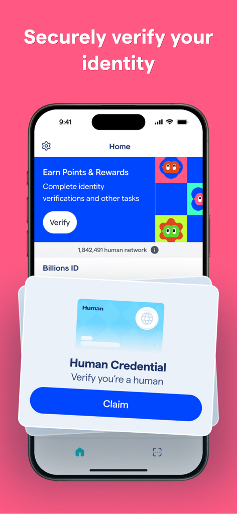 인간 자격 증명 확인 카드가 있는 Billions 앱 홈 화면을 표시하는 스마트폰