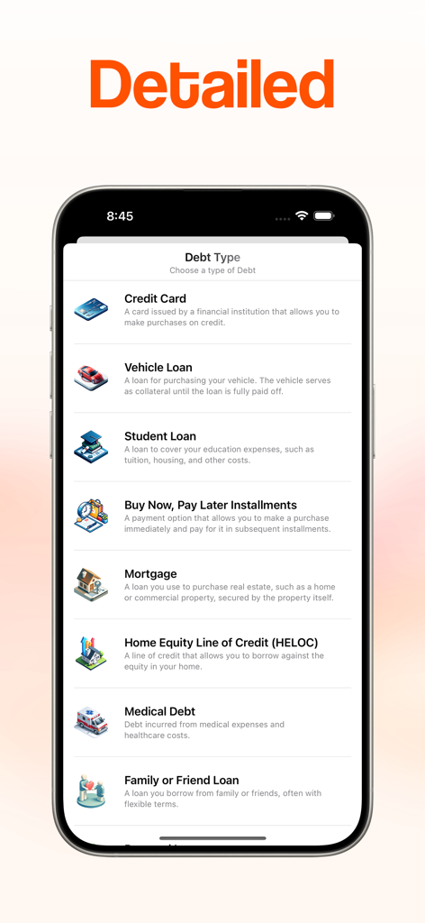 Interfaz de la aplicación DownPay que muestra una lista de tipos de deuda rastreables, incluidas tarjetas de crédito, préstamos de vehículos, préstamos estudiantiles e hipotecas.