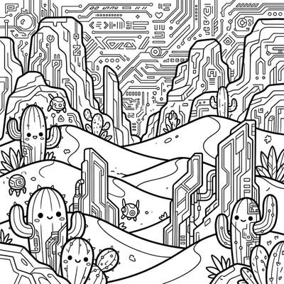 Unleash your creativity with this unique Kawaii Cyberpunk Desert coloring page. This design beautifully blends adorable desert elements with a futuristic, high-tech landscape, offering a truly original coloring experience.