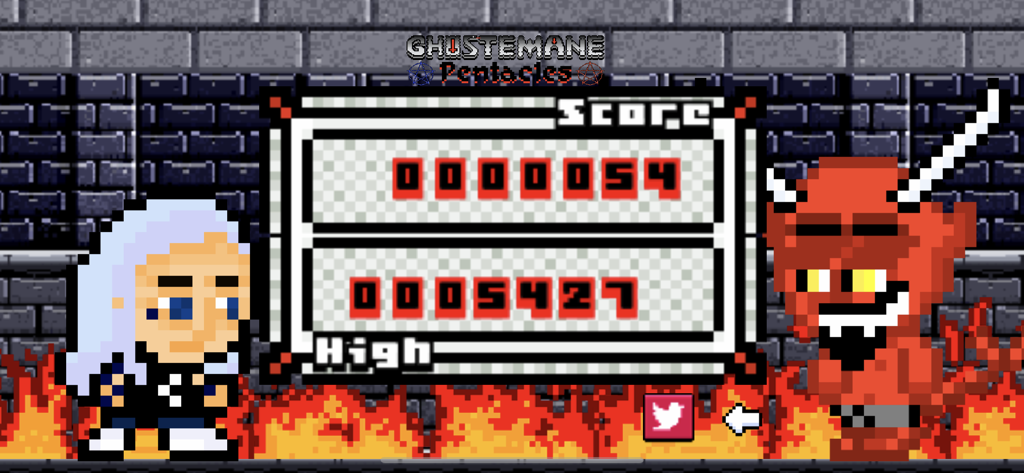 Ghostemane Pentacles - Scoreboard of the Ghostemane Pentacles mobile game showing pixel art characters and high scores on a brick wall background