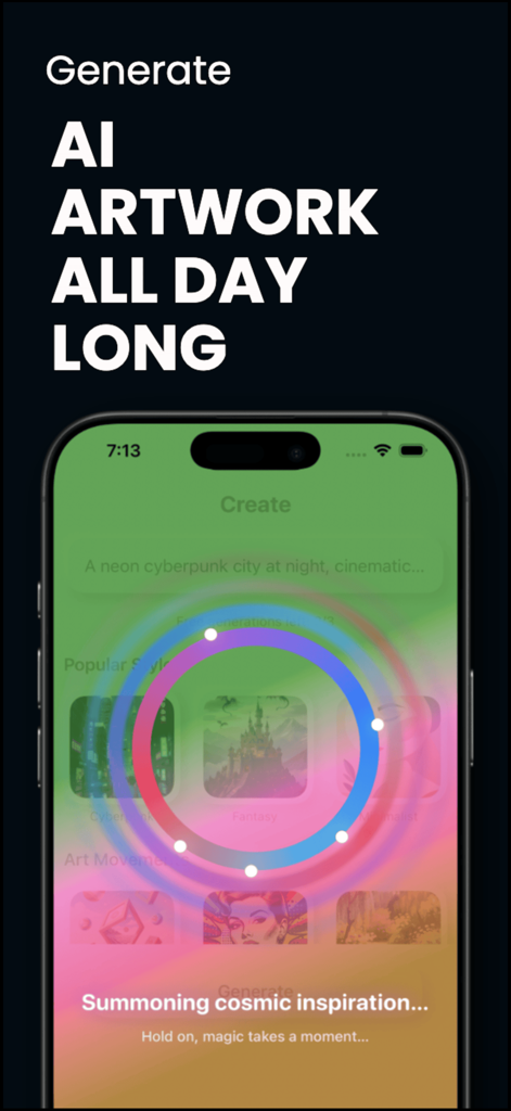 Pocket Posters: AI Video AR - Interface do aplicativo Pocket Posters mostrando a geração de arte com IA com um prompt de estilo cyberpunk