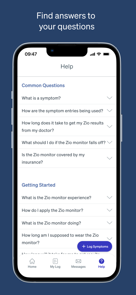Help section of the MyZio app showing common questions about the Zio ECG monitor and symptoms