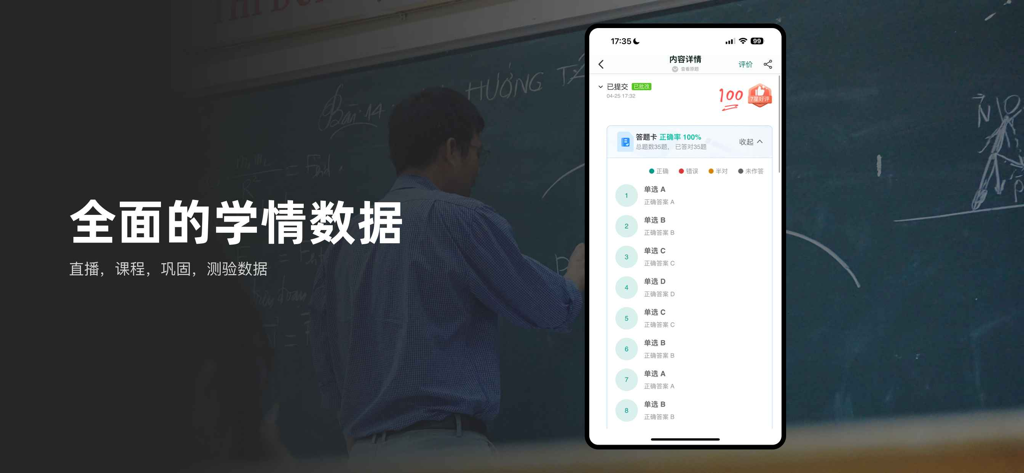 伯索云学堂 - A screenshot of the Plaso Cloud Classroom app showing a student test score and comprehensive learning analytics