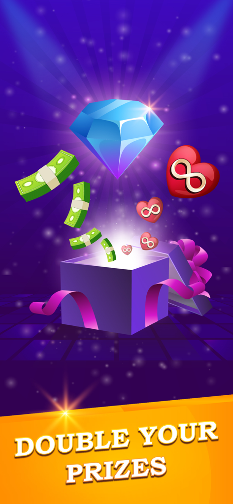 Fortune Words – Lucky Spin - Uma caixa de presente brilhante se abrindo para revelar um grande diamante e prêmios em dinheiro sob o texto Dobre Seus Prêmios