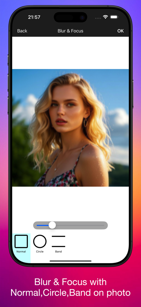 Interface of Pic Lab app showing the blur and focus editing tool on a portrait photo of a woman.