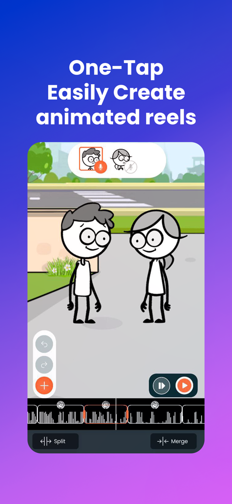 Tweencraft app interface showing how to create animated cartoon reels with a simple timeline and characters.