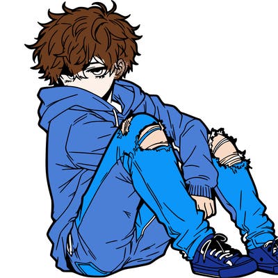 a male hoddie ripped jeans messy hair anime