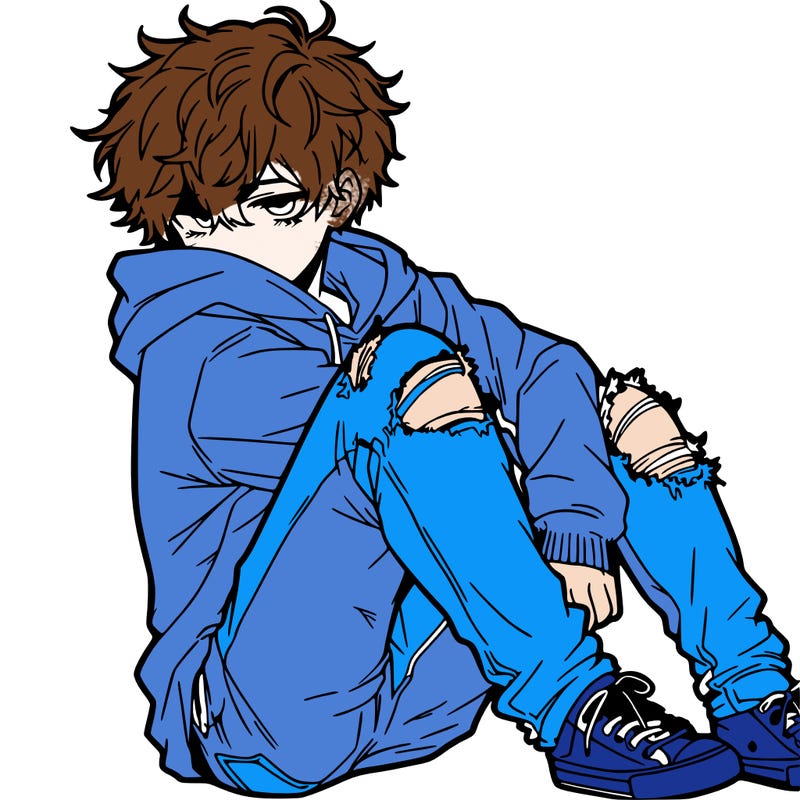 a male hoddie ripped jeans messy hair anime