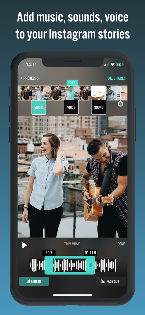 Mobile video editor interface showing music trimming and audio tools for Instagram stories