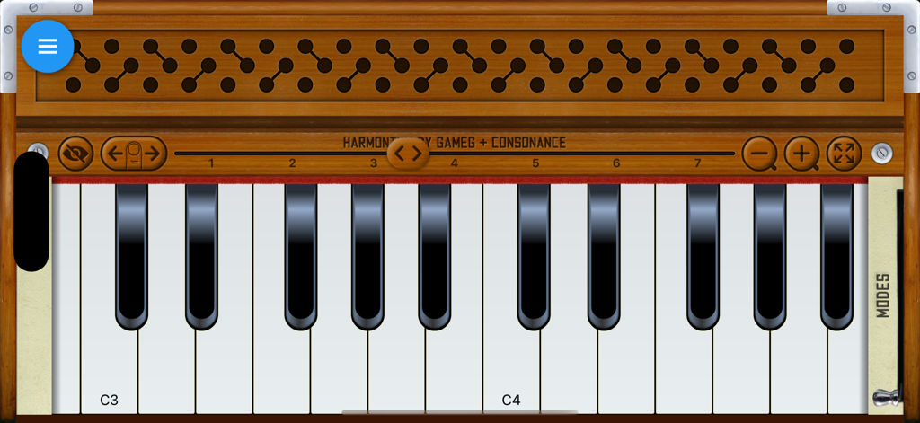 Harmonium - Official App - Interfaz de la aplicación móvil Harmonium con un diseño realista de instrumento de madera con teclas de piano y controles musicales