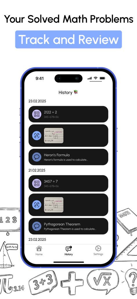Math Homework Helper: AI Chat - A screen within the Math Homework Helper app showing a history of previously solved math problems including calculus and geometry