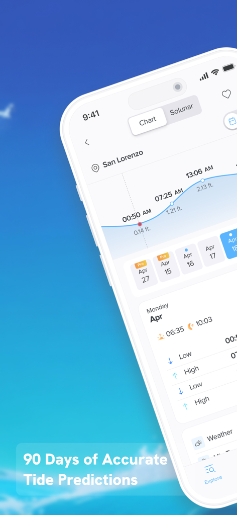 NOAA Tide Chart & Forecast - Interfaz de la aplicación NOAA Tide Chart que presenta 90 días de predicciones de mareas precisas y gráficos detallados