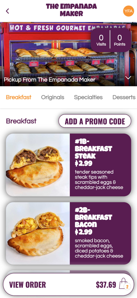 Empanada Maker - The Empanada Maker mobile app menu screen displaying gourmet breakfast empanada options and order total