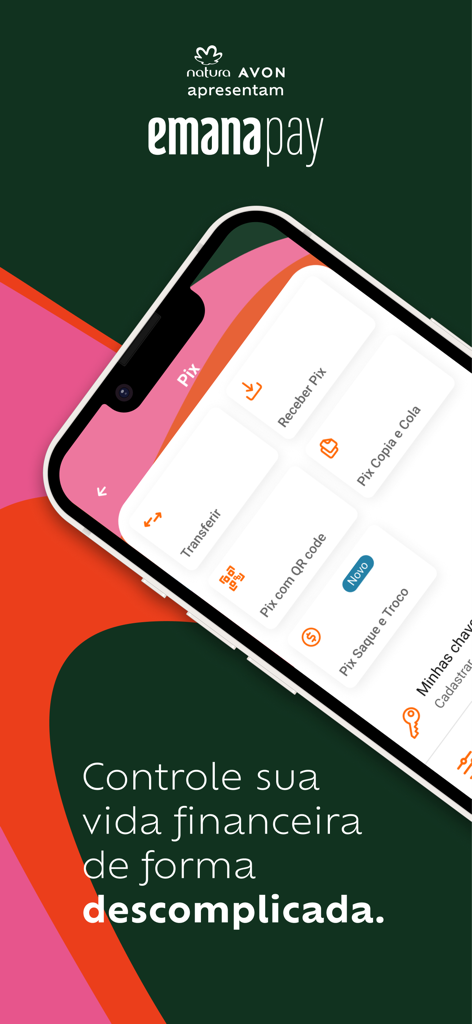 Emana Pay - Interface do app Emana Pay mostrando diferentes opções de transação Pix para consultoras de beleza.