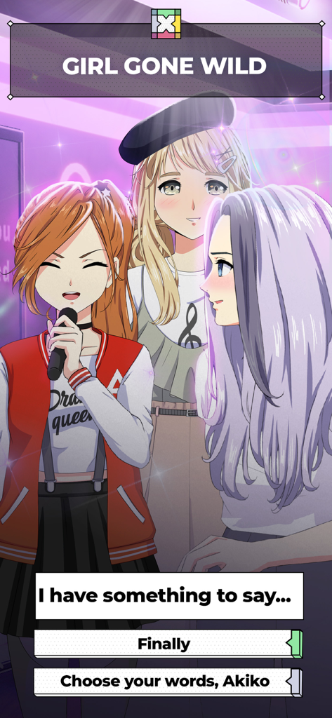 ChatLinx Otome Text Story Game - Anime style characters in a singing scene with dialogue choices in ChatLinx Otome game