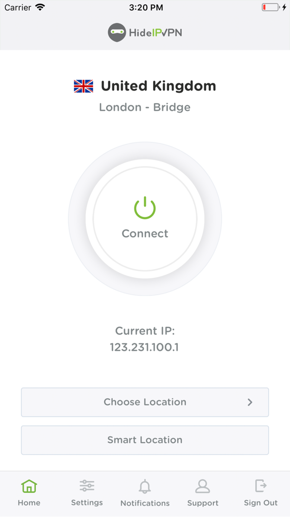 HideIPVPN - VPN & Smart DNS - HideIPVPN mobile app interface showing a connection screen for a United Kingdom server