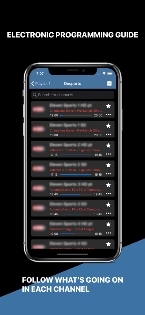 Mega IPTV - m3u Player - Mega IPTV app electronic programming guide showing live channel schedules