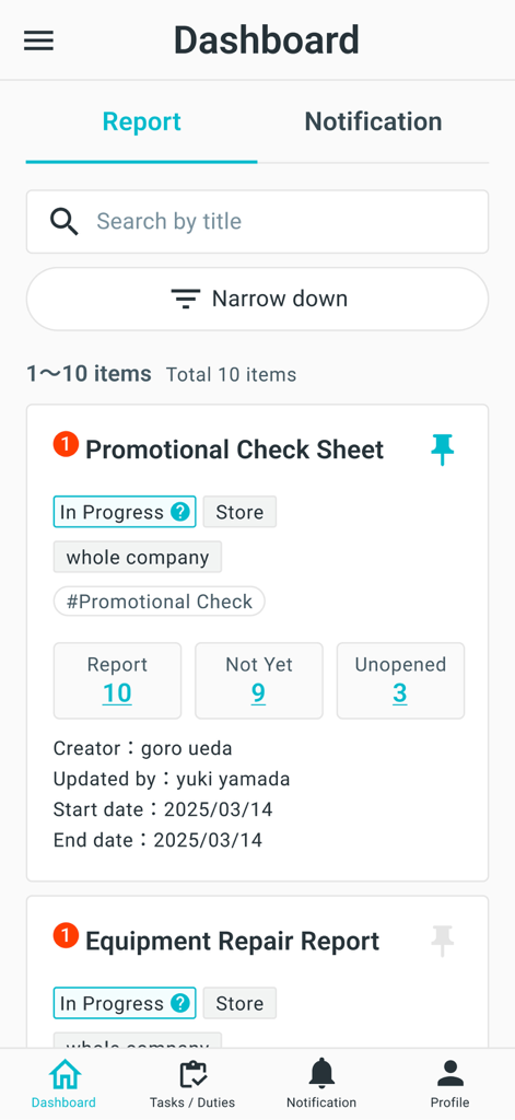Makitori - Makitori app dashboard showing promotional check sheet and equipment repair report status for retail management.