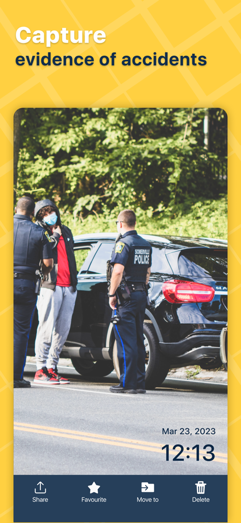 Timestamp Photo Proof Camera - A timestamped photo of police officers at an accident scene used for digital proof