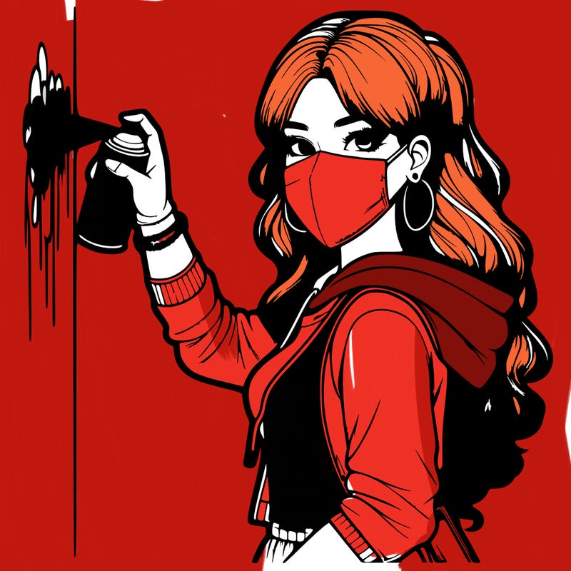 realistic girl with mask spray painting a wall