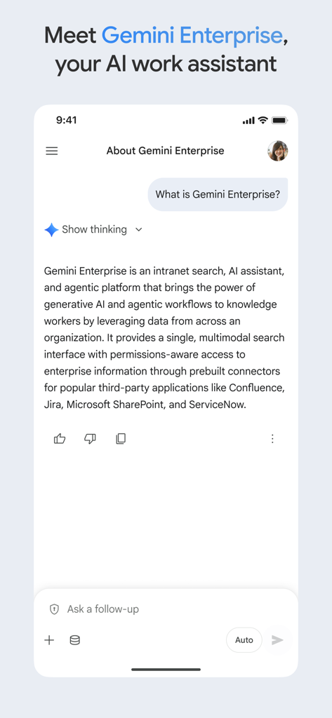 Interfaz de la aplicación Google Gemini Enterprise que muestra una conversación de chat sobre sus capacidades de asistente de IA para el trabajo.