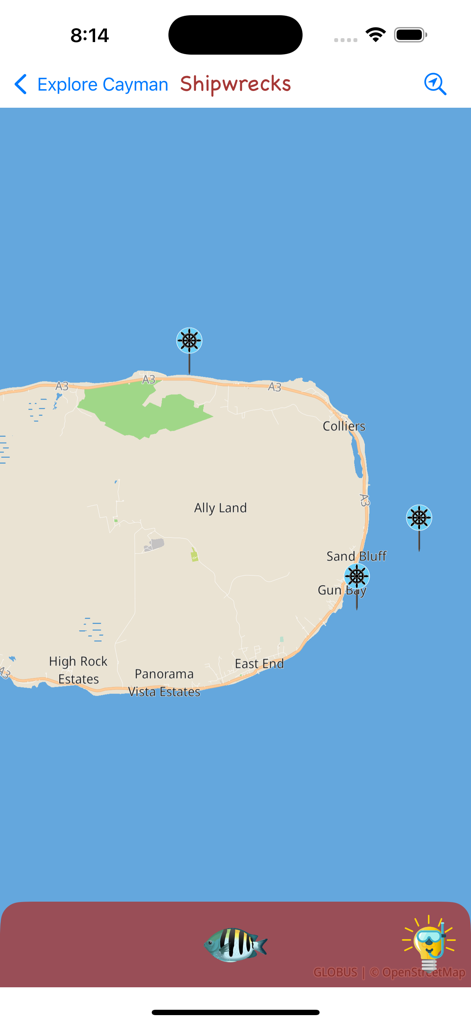 Map view of Grand Cayman shipwreck locations on the East End of the island in the Cayman Snorkel app