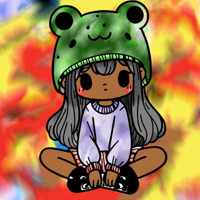 a girl wearing a frog hat and some frog socks