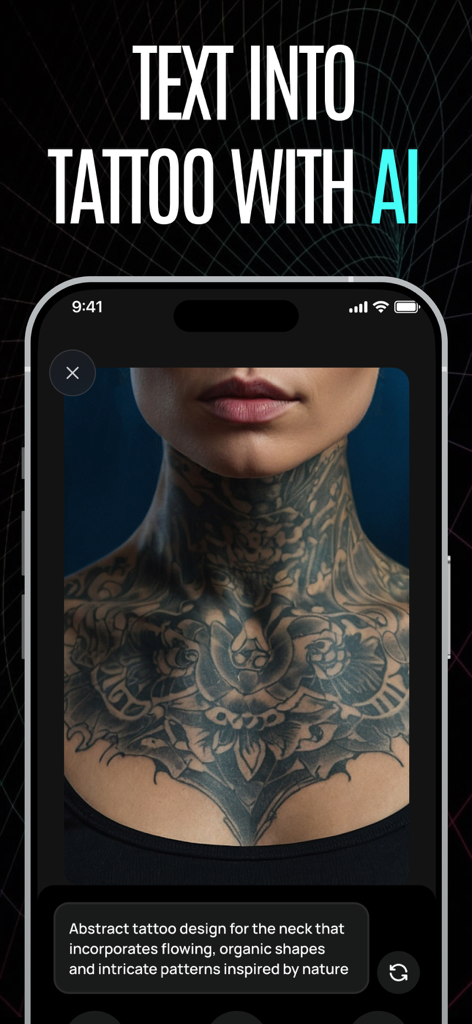 Tattoo AI Design Generator－Ink - Mobile App-Oberfläche, die ein KI-generiertes abstraktes Tattoo-Design auf einem Hals basierend auf einer Textaufforderung zeigt