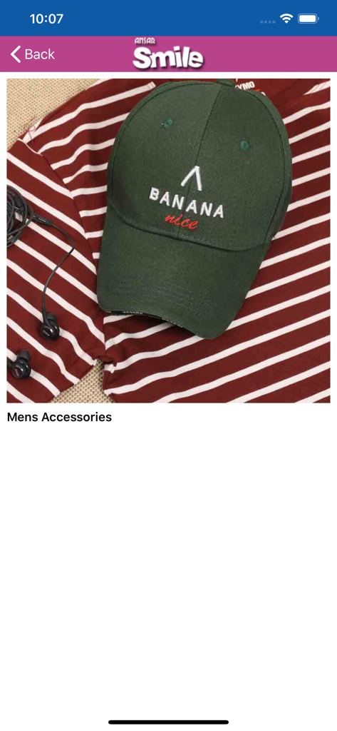 Ansar Smile app screen showing Mens Accessories category with a green cap and striped shirt