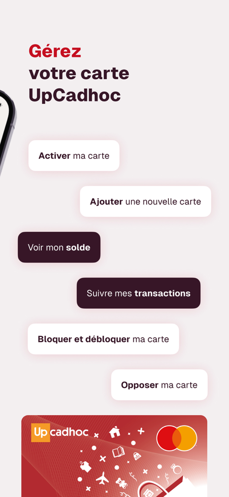 UpCadhoc app interface for managing gift cards and tracking transactions