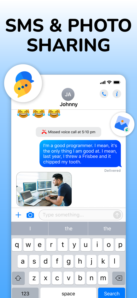 Second Number Line App Numbers - Interfaz de la aplicación Second Number Line que muestra SMS y uso compartido de fotos en un chat seguro