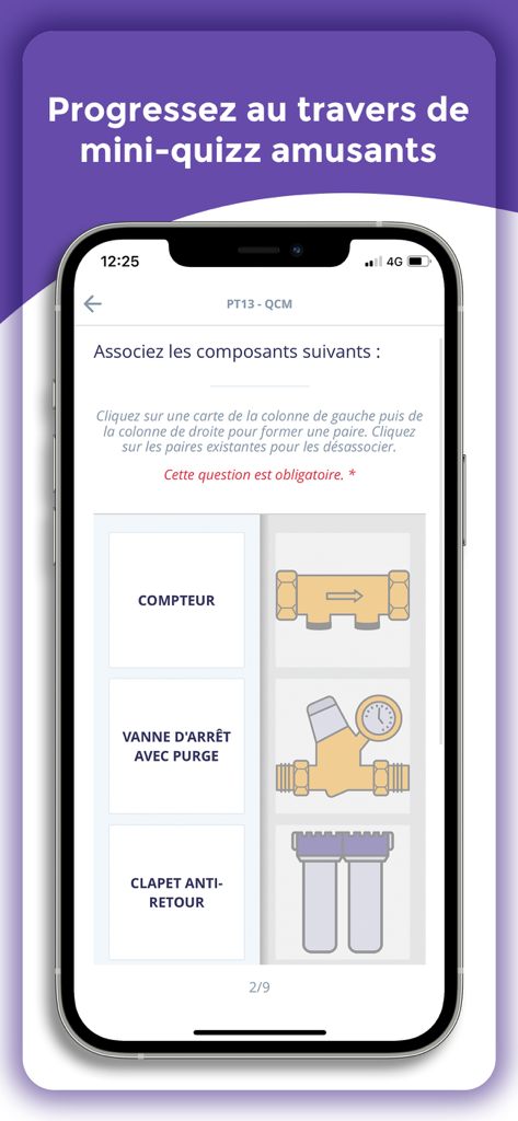 La Taloche - Jeu d'association interactif sur l'application La Taloche pour apprendre les composants de plomberie comme les robinets et les compteurs.