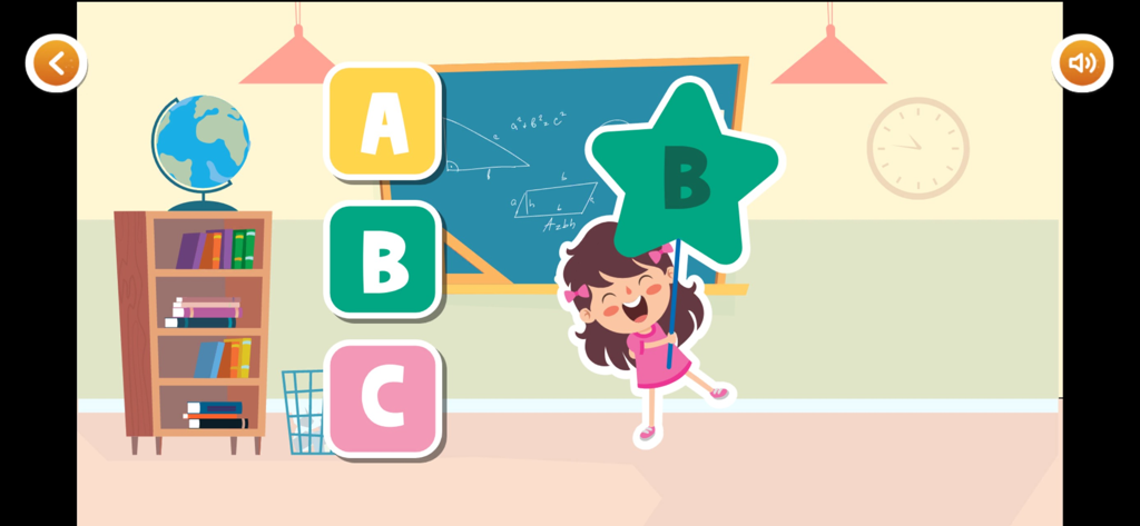 ABC Kids - Games for Toddlers - Una niña pequeña emparejando bloques de letras en un colorido entorno de aula de dibujos animados