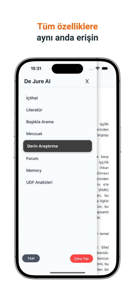 De Jure AI - A mobile screenshot of the De Jure AI app side menu displaying legal research features like Deep Research and Document Analysis