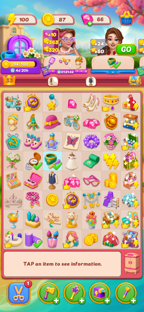 Glow Tales: Merge & Makeover - Gameplay screen of Glow Tales: Merge and Makeover showing a puzzle board filled with fashion and beauty items ready for merging.