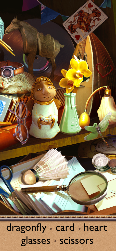 Mystery Spot: Hidden Objects - Gameplay screenshot showing a cluttered shelf with hidden objects to find in a wax museum