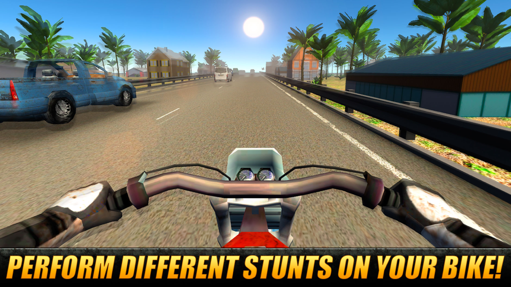 Moto Traffic Rider 3D: Speed City Racing - Vista en primera persona de un piloto de motocicleta corriendo a través del tráfico urbano