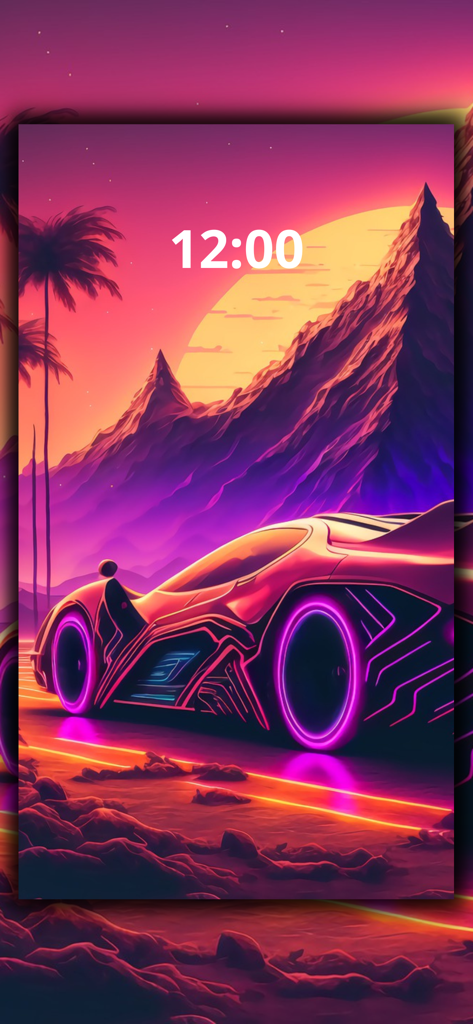 Car Wallpaper 4k - Coche futurista con luces de neón sobre un fondo de atardecer synthwave en la pantalla de bloqueo