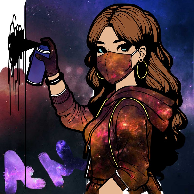 realistic girl with mask spray painting a wall