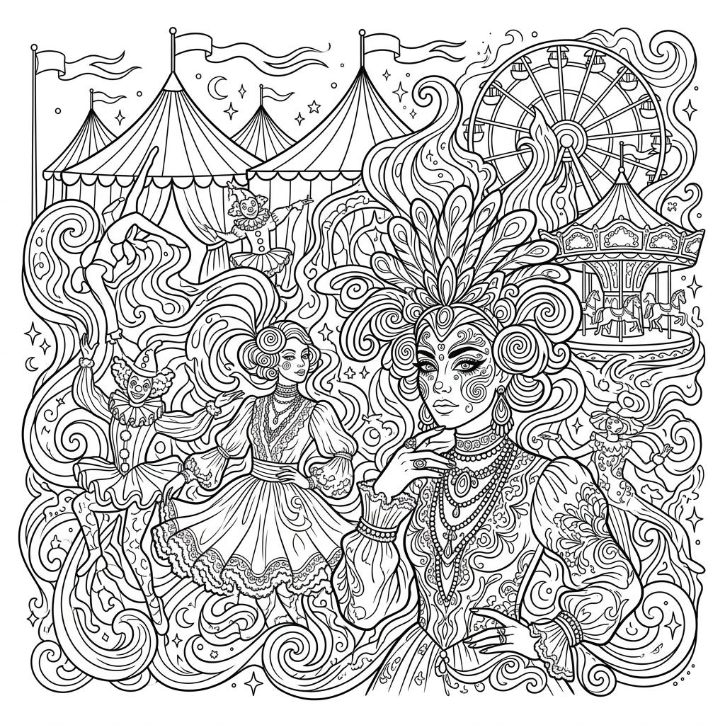 Psychedelic Carnival Fashion: Detailed Coloring Page