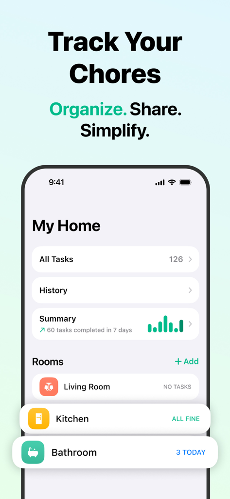 Dashboard of the House Chores Cleaning Schedule app showing room tasks and completion summary