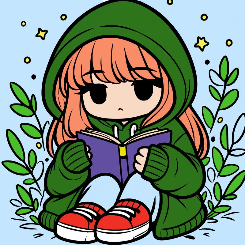 girl in oversized hoodie reading a book