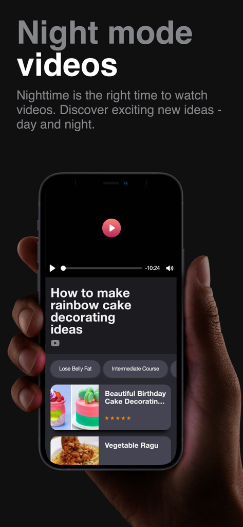 6 Pack Abs - Home Workouts - Night mode video player interface in the 6 Pack Abs home workout app showing video tutorials and fitness tags.
