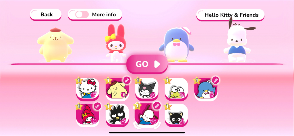 HELLO KITTY HAPPINESS PARADE - Character selection screen in Hello Kitty Happiness Parade featuring 3D models of Pompompurin, My Melody, Tuxedosam, and Pochacco with a grid of unlockable Sanrio friends below.