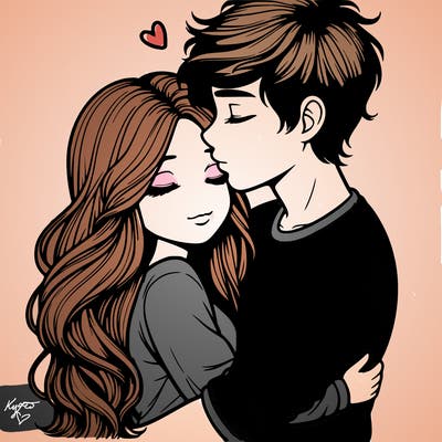 a realistic couple boy and girl hugging and kissing
