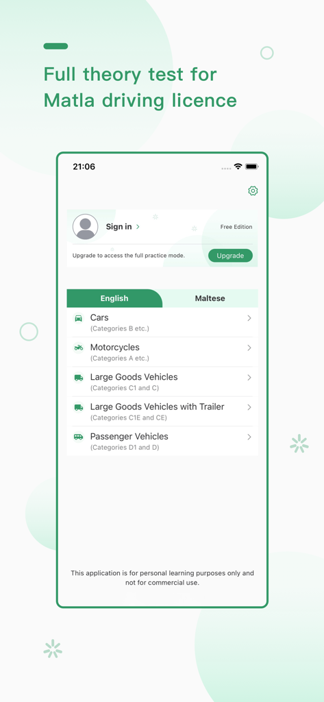 The Malta Driving Theory Test app interface displaying options for English and Maltese languages and a list of driving license categories.