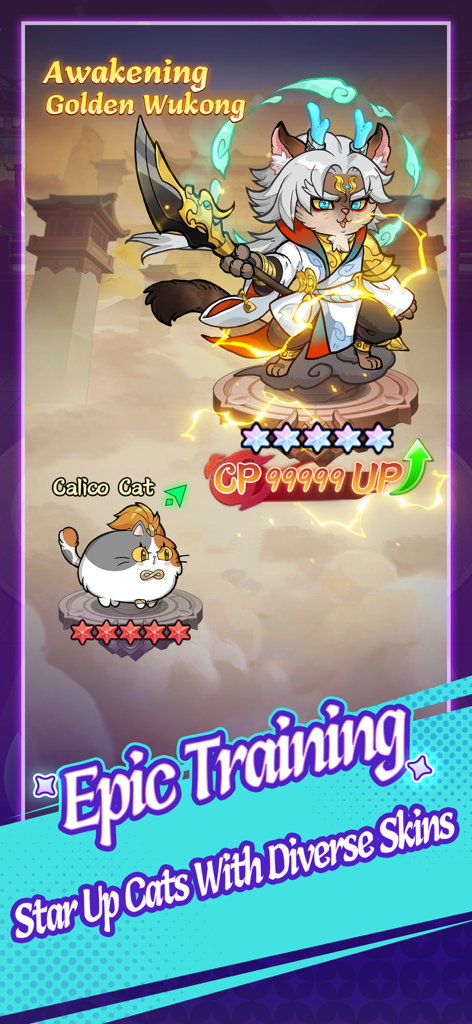 Cat Hero:GO - Cat Hero GO screenshot showing the awakening of the Golden Wukong character and epic training menu