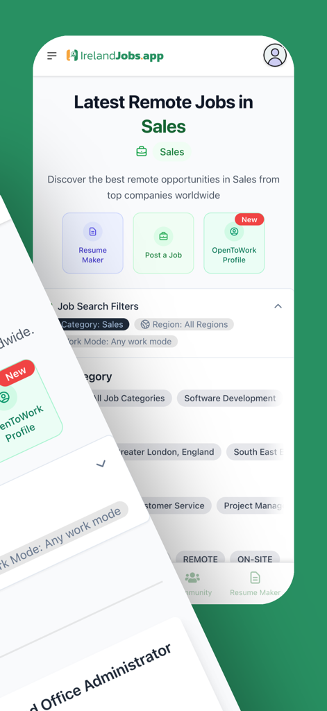 IrelandJobs - Daily Irish Jobs - IrelandJobs mobile app interface displaying remote sales job listings and search filters