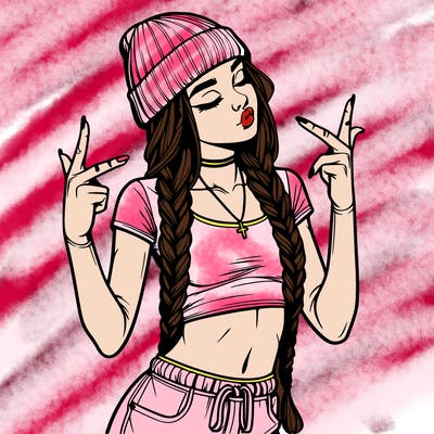 realistic teenage girl with braids and a beanie and crop top doing 🫶🏼